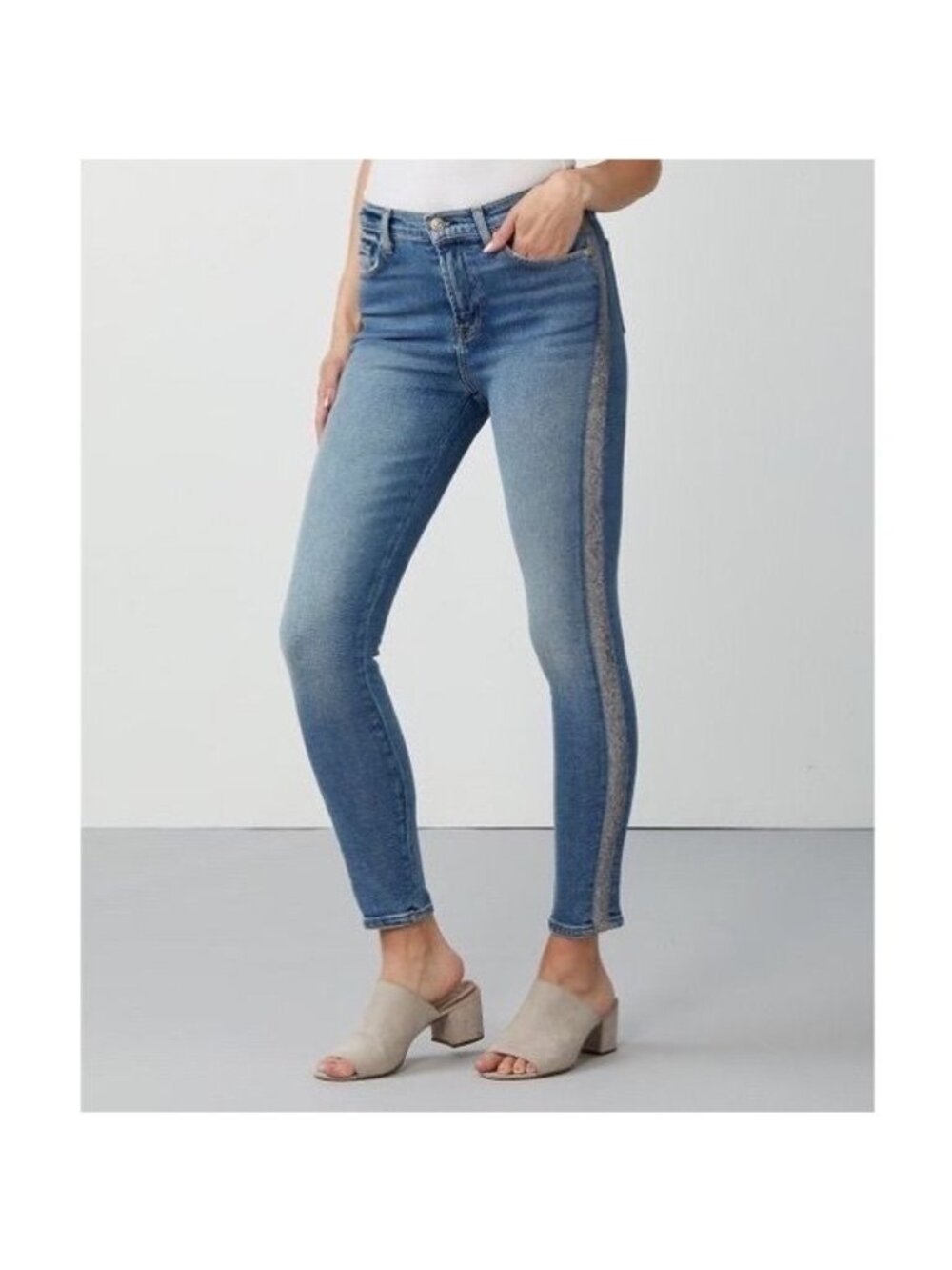 7FAMK 7 For All Mankind Womens Glitter Tuxedo Stripe High Waist Skinny Jeans 29
